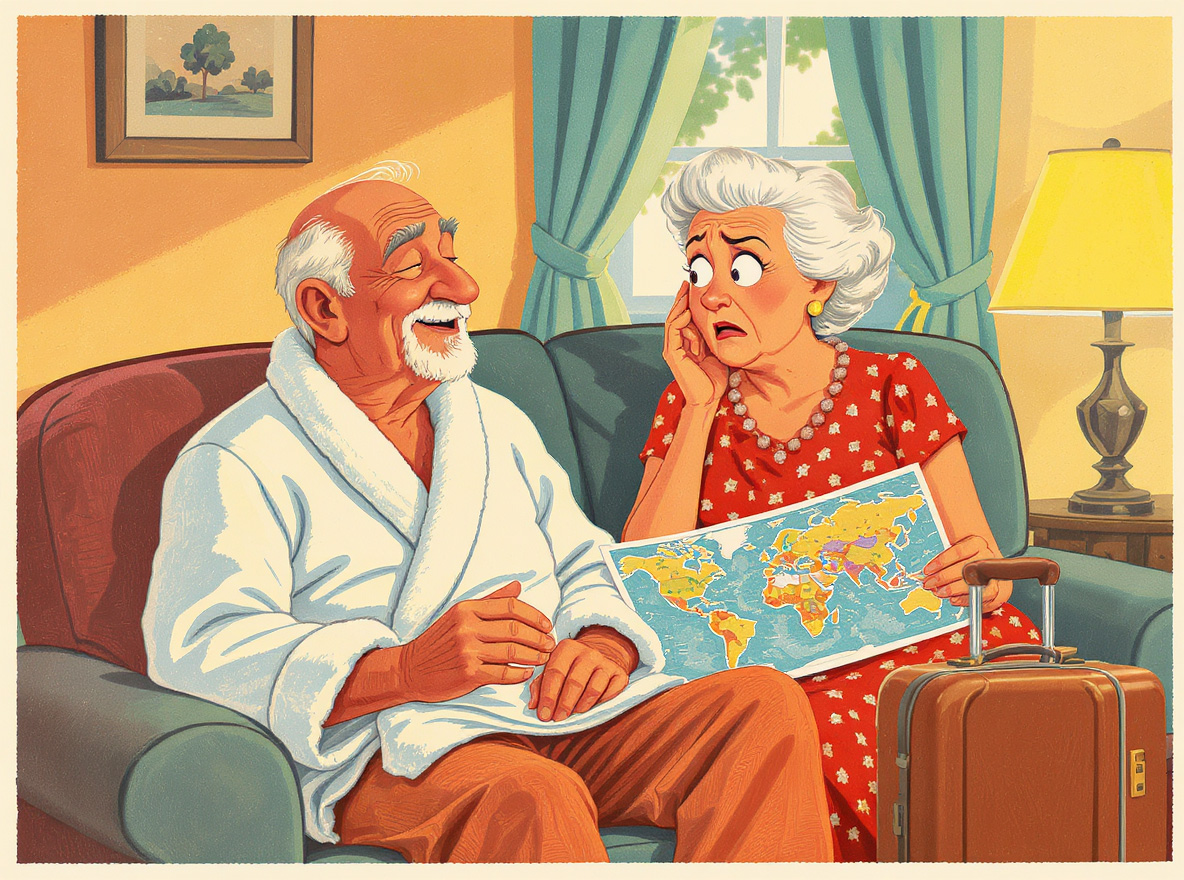 Theaterstueck_Aelteres_Ehepaar_im_Wohnzimmer Ki Generiertes Bild in Adobe Firefly_Flux. Humorvolles, farbenfrohes Bild für ein Theaterstück- Älteres Ehepaar im Wohnzimmer